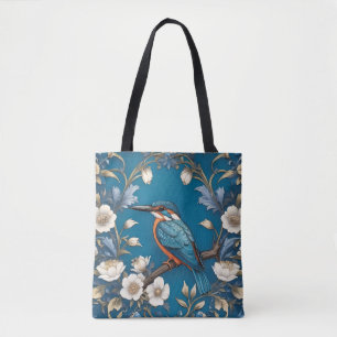 Elegant Turquoise Kingfisher Bird Floral  Tote Bag