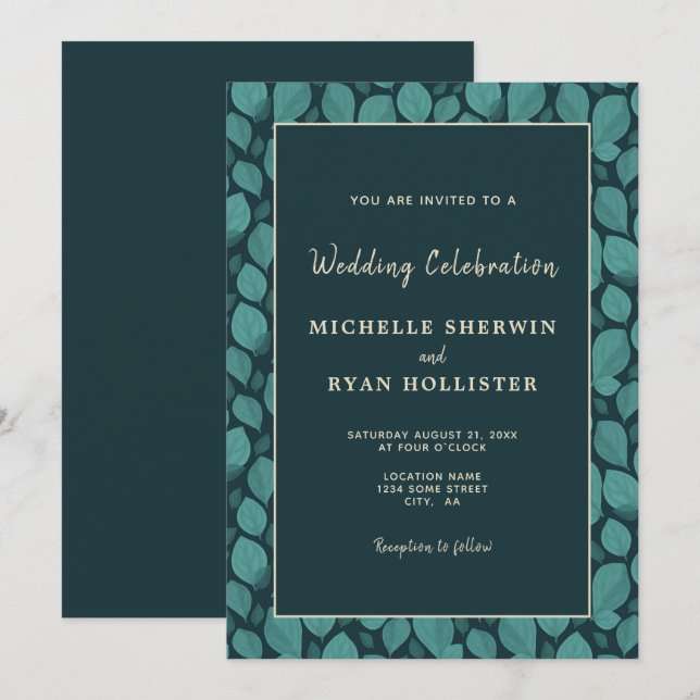 Elegant Turquoise Leaf Pattern Botanical Wedding I Invitation (Front/Back)