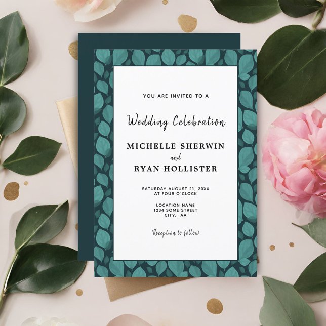 Elegant Turquoise Leaf Pattern Botanical Wedding Invitation (Creator Uploaded)