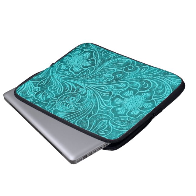 Elegant Turquoise Leather Look Embossed Flowers Laptop Sleeve (Front Bottom)