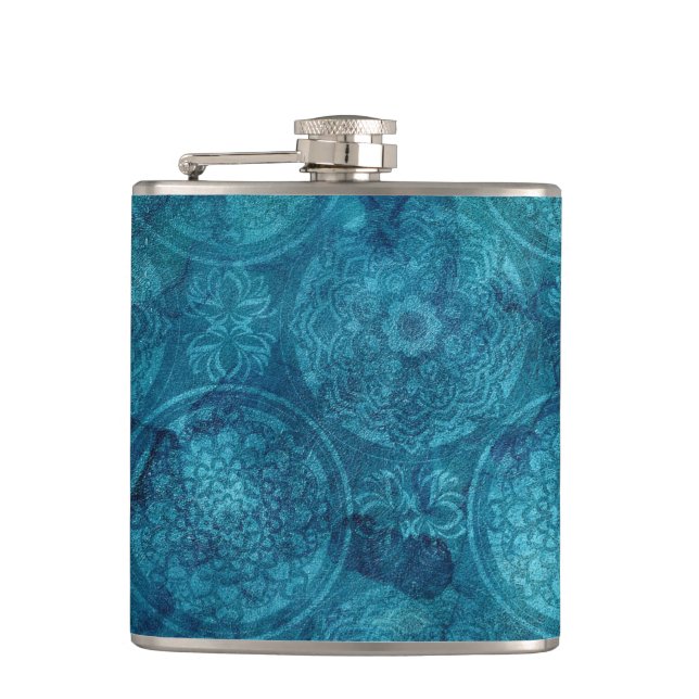 Elegant Turquoise Mandala Watercolor Pattern Hip Flask (Front)