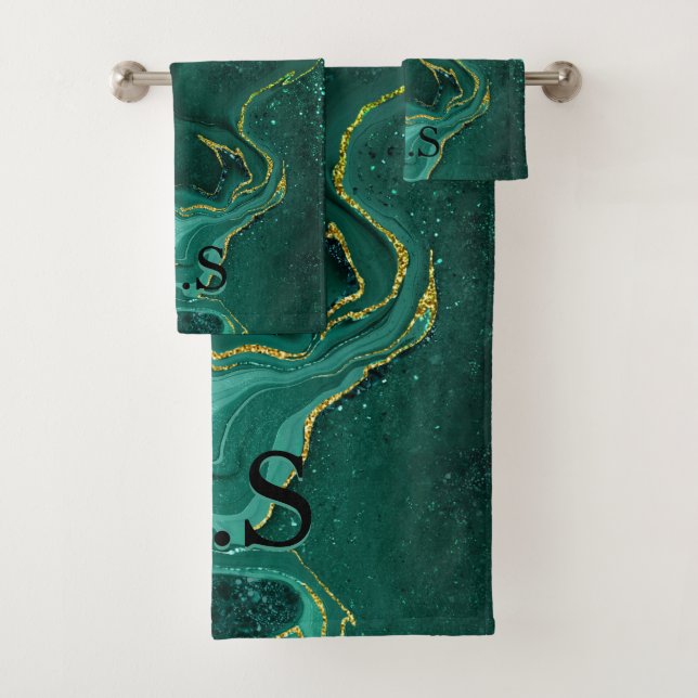 Elegant turquoise marble art faux gold glitter bath towel set (Insitu)
