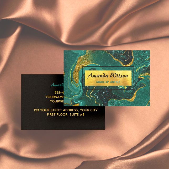 Elegant turquoise marble art faux gold glitter bus business card (Creator Uploaded)