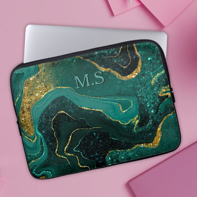 Elegant turquoise marble art faux gold glitter laptop sleeve (Creator Uploaded)