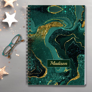 Elegant turquoise marbling faux gold glitter notebook