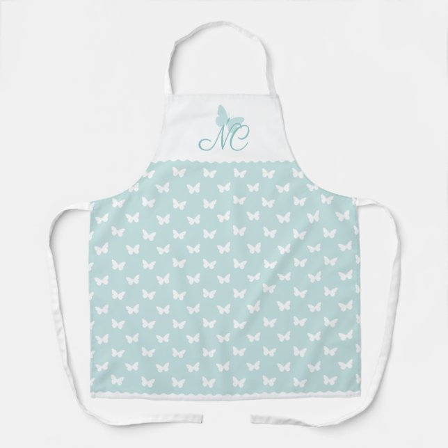 Elegant Turquoise Monogram Butterfly Pattern Apron (Front)