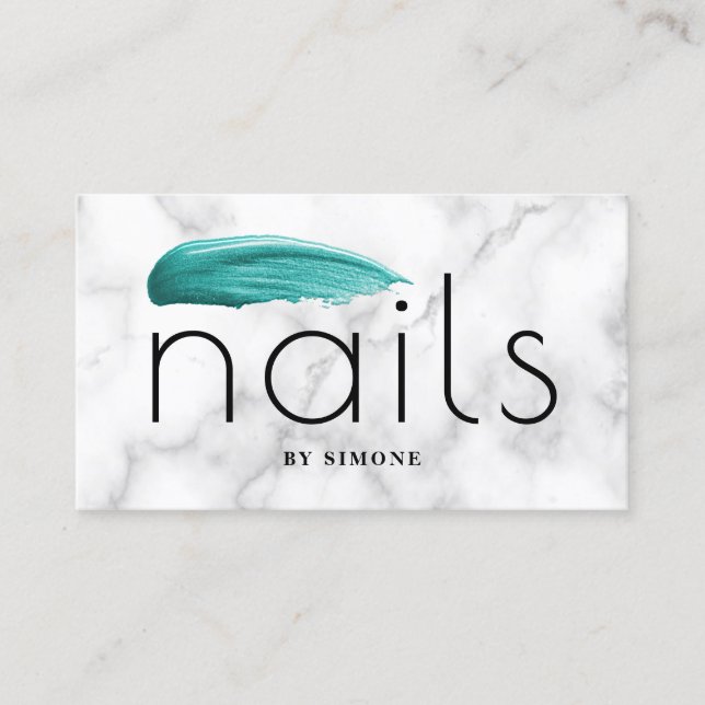 Elegant turquoise nail polish stroke white marble business card (Front)