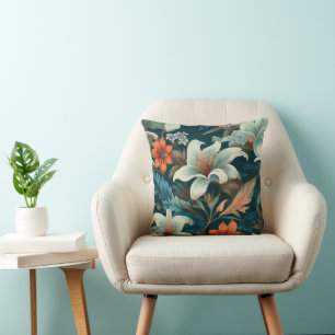 Elegant Turquoise Orange Flower Pattern Floral Cushion