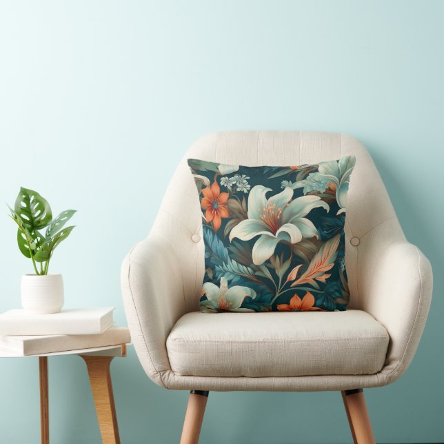 Elegant Turquoise Orange Flower Pattern Floral Cushion (Chair)