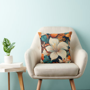 Elegant Turquoise Orange Flower Pattern Floral Cushion
