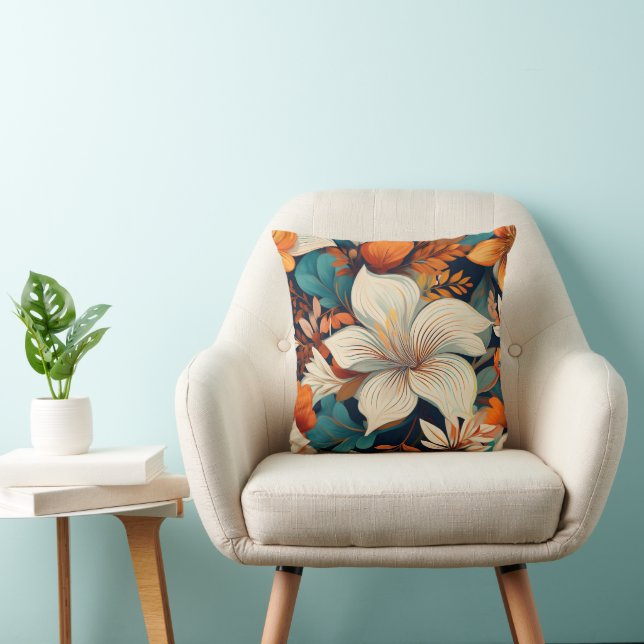Elegant Turquoise Orange Flower Pattern Floral Cushion (Chair)