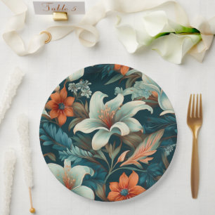 Elegant Turquoise Orange Flower Pattern Floral Paper Plate