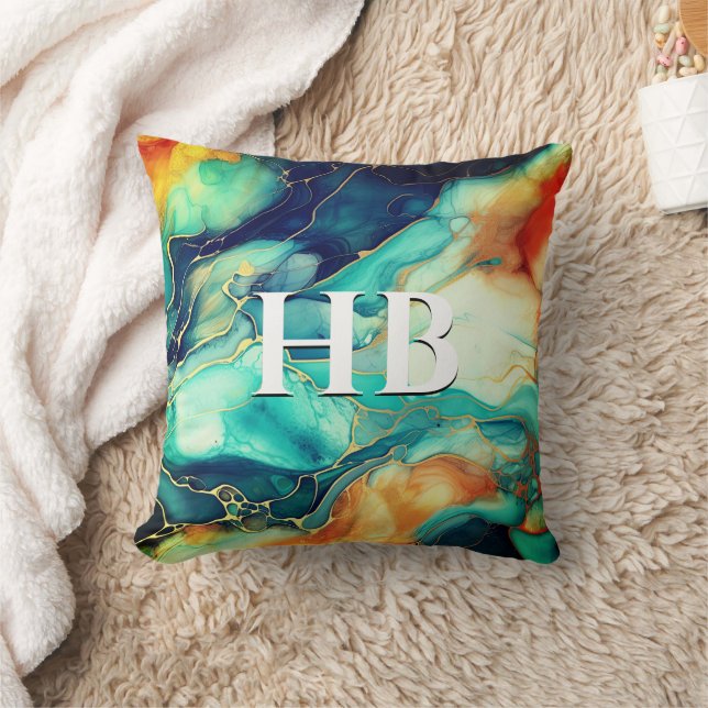 Elegant turquoise orange marble art faux glitter  cushion (Blanket)