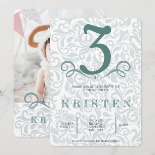 Elegant turquoise ornament photo birthday party invitation