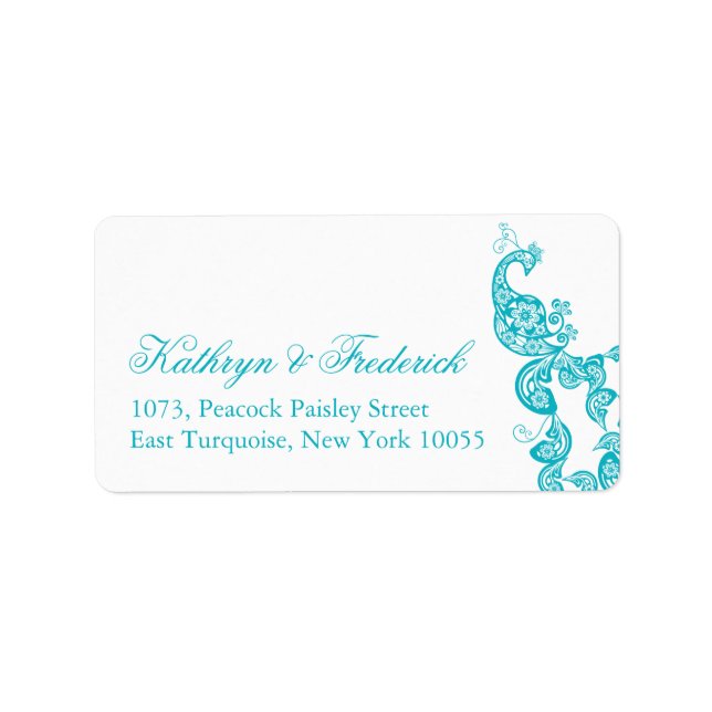 Elegant Turquoise Paisley Peacock Wedding Address Label (Front)