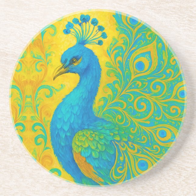 Elegant Turquoise Peacock Decorative Coaster (Front)