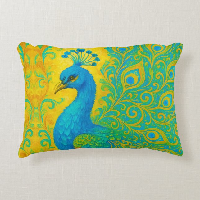 Elegant Turquoise Peacock Decorative Cushion (Front)