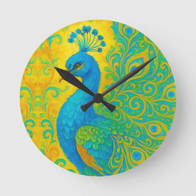 Elegant Turquoise Peacock Decorative Round Clock (Front)
