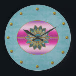 Elegant Turquoise & Pink Art Deco Wall Clock<br><div class="desc">Pretty wall clock done in a turquoise damask background.  Elegant graphics of gold studs represent the numbers,  around the edge,  and a lovely turquoise and pink Art Deco style oval decorates the middle of the clock.  Customise to add text.  Lovely clock for any room of the house or office.</div>