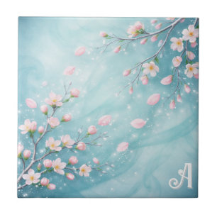 Elegant Turquoise Pink Cherry Blossom Initials Ceramic Tile