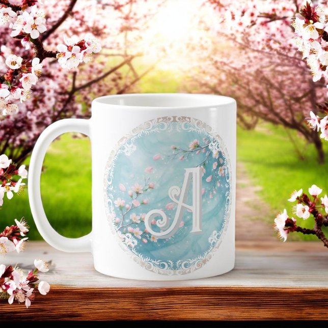 Elegant Turquoise Pink Cherry Blossom Initials  Coffee Mug (Creator Uploaded)