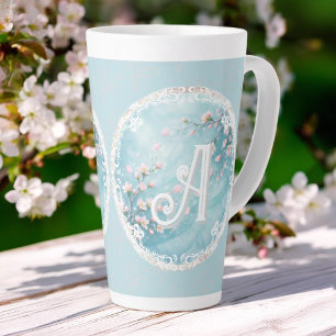 Elegant Turquoise Pink Cherry Blossom Initials  Latte Mug