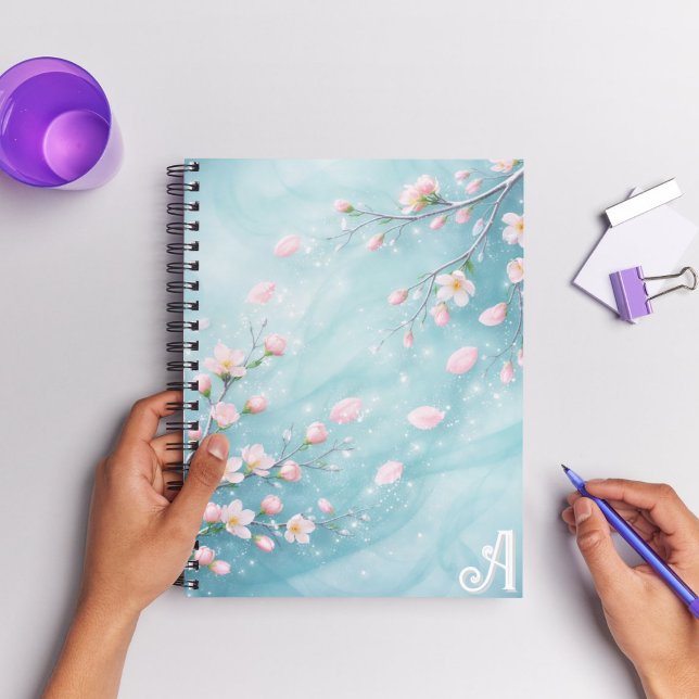 Elegant Turquoise Pink Cherry Blossom Initials  Notebook (Creator Uploaded)