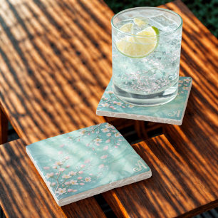 Elegant Turquoise Pink Cherry Blossom Initials Stone Coaster