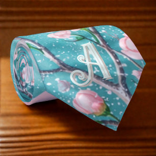 Elegant Turquoise Pink Cherry Blossom Initials Tie