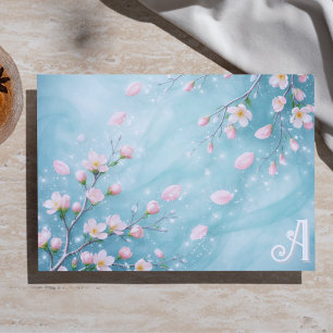 Elegant Turquoise Pink Cherry Blossom Initials Wrapping Paper Sheet