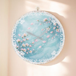 Elegant Turquoise Pink Cherry Blossom  Large Clock