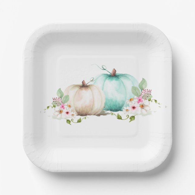 Elegant Turquoise Pumpkin Baby Shower Paper Plates (Front)