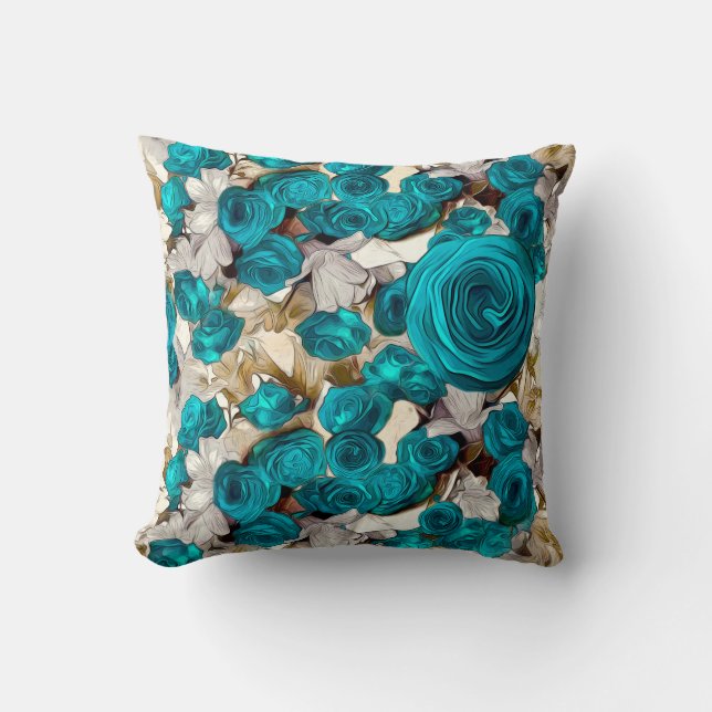 Elegant turquoise roses on beige abstract cushion (Front)