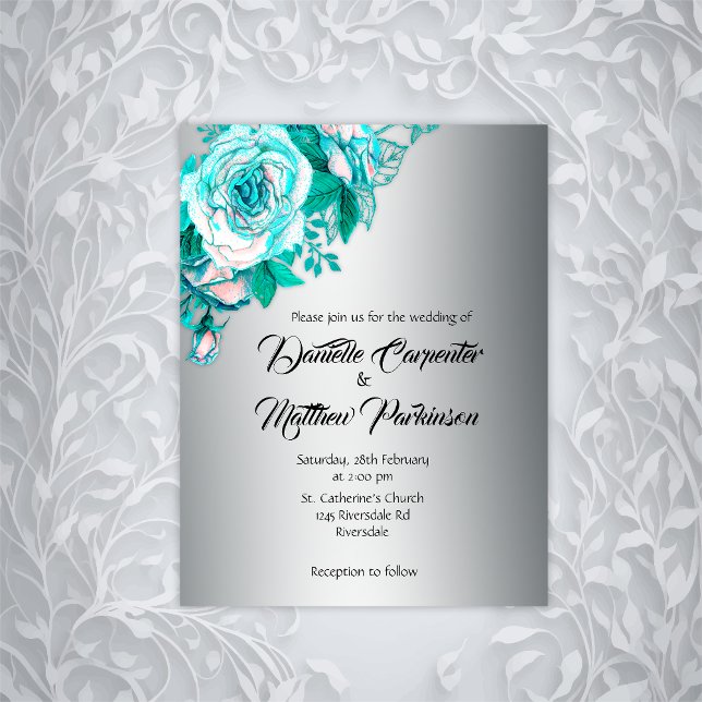 Elegant Turquoise Roses, Silver Wedding Invitation Postcard (Creator Uploaded)