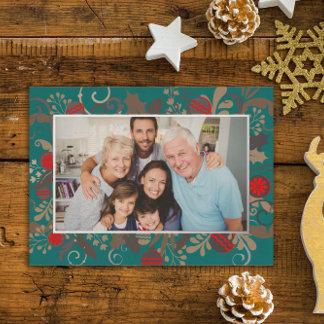 Elegant Turquoise & Silver Custom Photo Christmas Foil Holiday Card