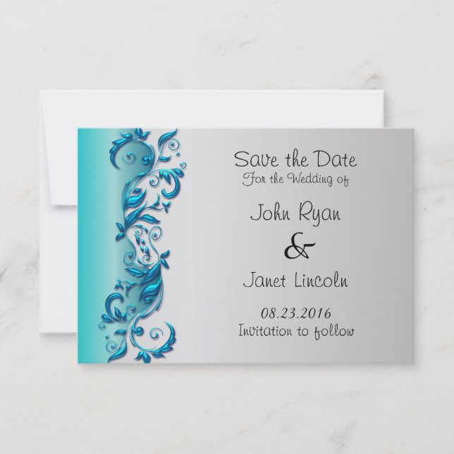 Elegant Turquoise & Silver Florid Wedding Design Save The Date (Front)