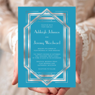 Elegant Turquoise Silver Vintage Deco Wedding Invitation