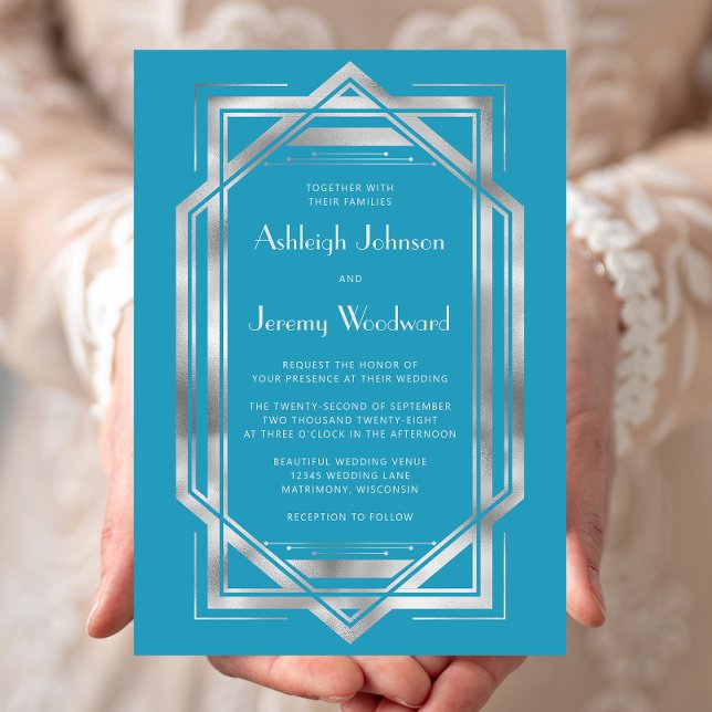Elegant Turquoise Silver Vintage Deco Wedding Invitation (Creator Uploaded)