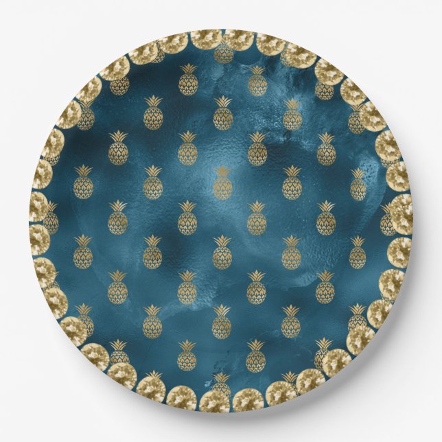 Elegant Turquoise Teal Gold Pineapple Pattern Paper Plate (Front)