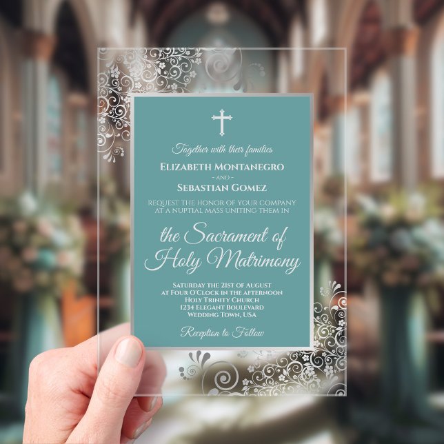 Elegant Turquoise Teal & Silver Catholic Wedding Acrylic Invitations (Clear Acrylic with Rectangle Cut)