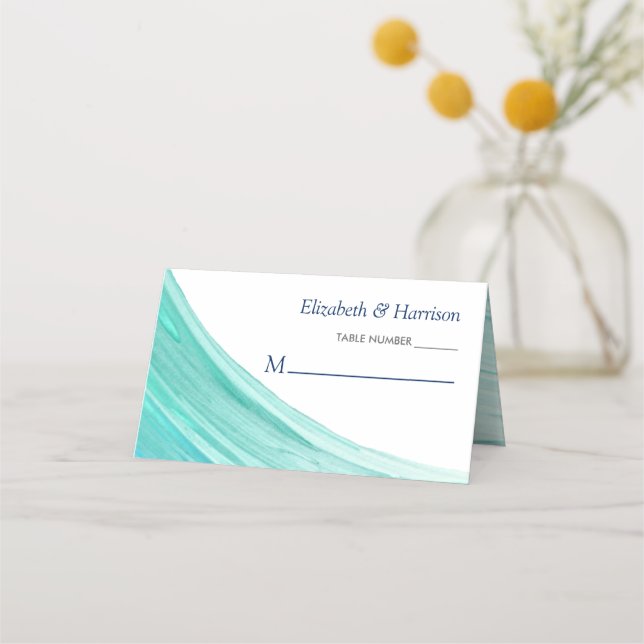 Elegant Turquoise Tides Beach Wedding Place Card (Front)