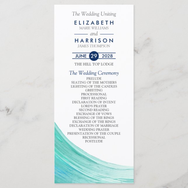 Elegant Turquoise Tides Beach Wedding Program (Front)