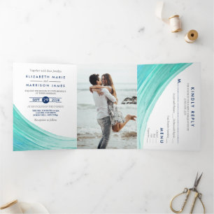 Elegant Turquoise Tides Beach Wedding Suite Tri-Fold Invitation