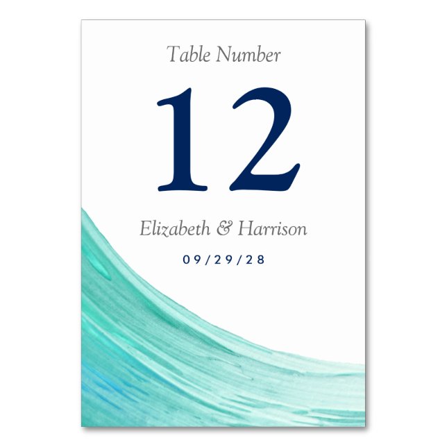 Elegant Turquoise Tides Beach Wedding Table Number (Front)