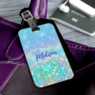 Elegant Turquoise unicorn faux glitter monogram Luggage Tag