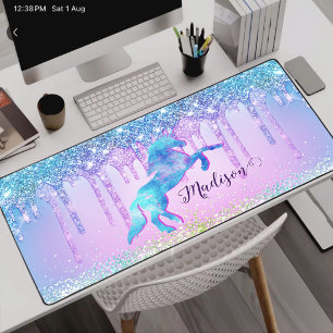 Elegant Turquoise Unicorn Glitter Drips monogram Desk Mat