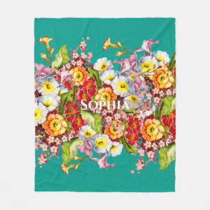 Elegant Turquoise Vintage Floral Personalised Name Fleece Blanket