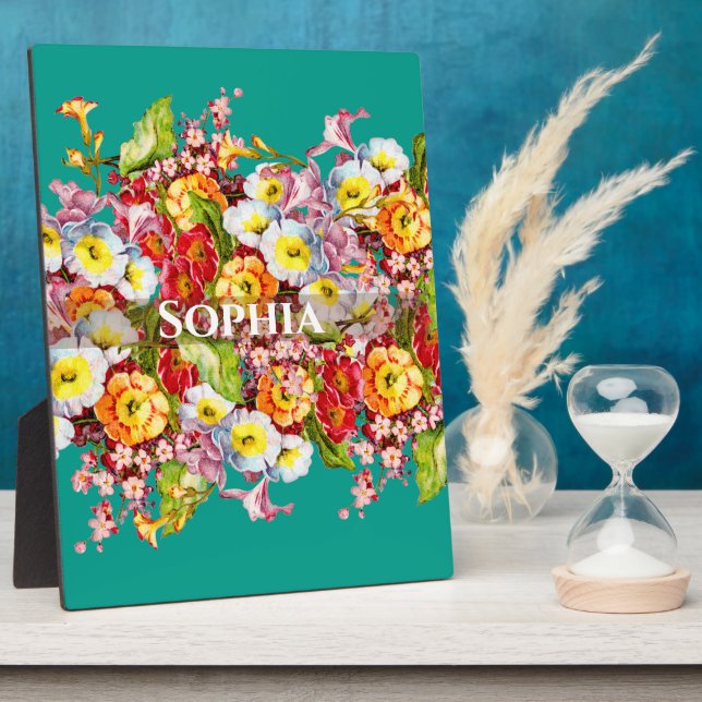 Elegant Turquoise Vintage Floral Personalised Name Plaque (Side)