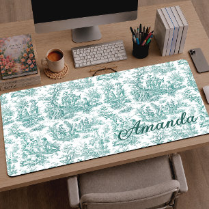 Elegant Turquoise Vintage French Toile de Jouy Desk Mat