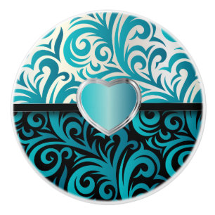 Elegant Turquoise, White and Black Floral Swirls Ceramic Knob